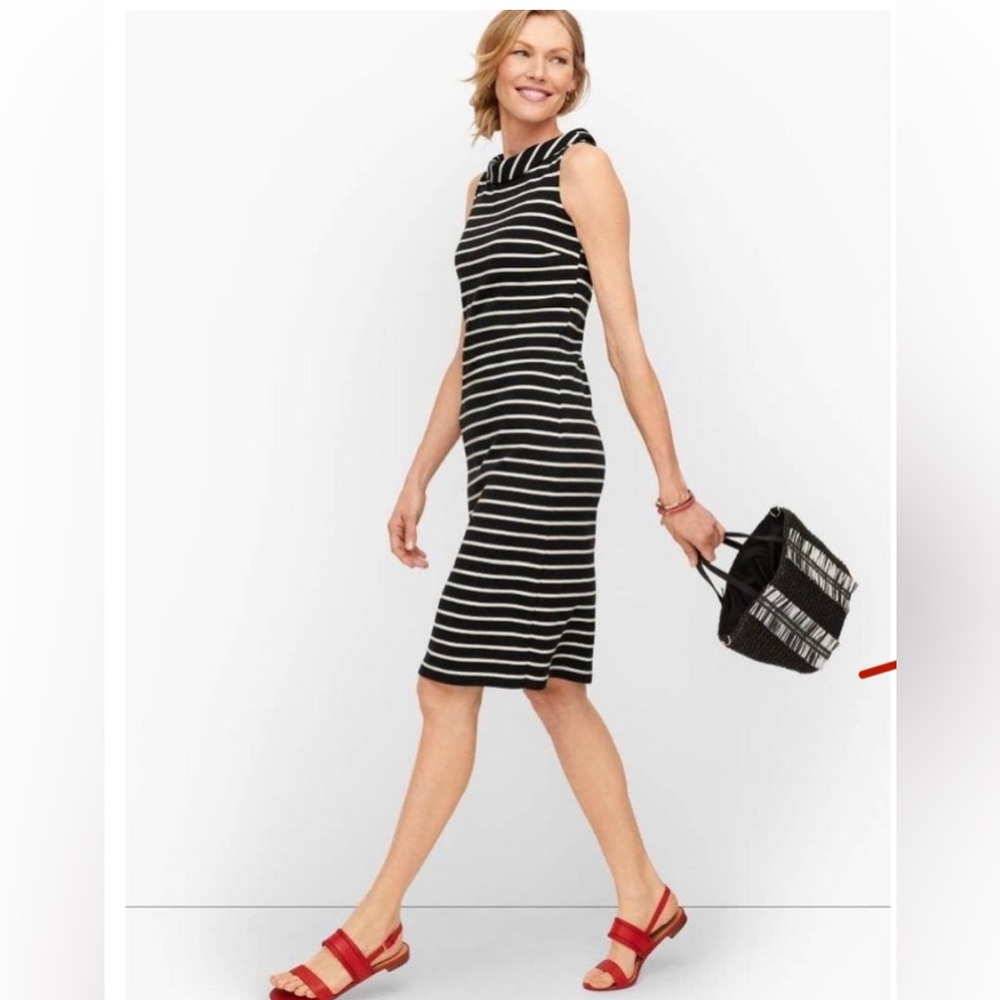 Talbots Women M White & Black Stripe Knit Sleeveless Mockneck Shift Dress NWT